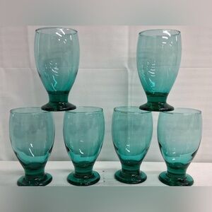 Vintage Set Of 6 Libbey Juniper Teal Footed Glasses 5.25 MCM Everyday